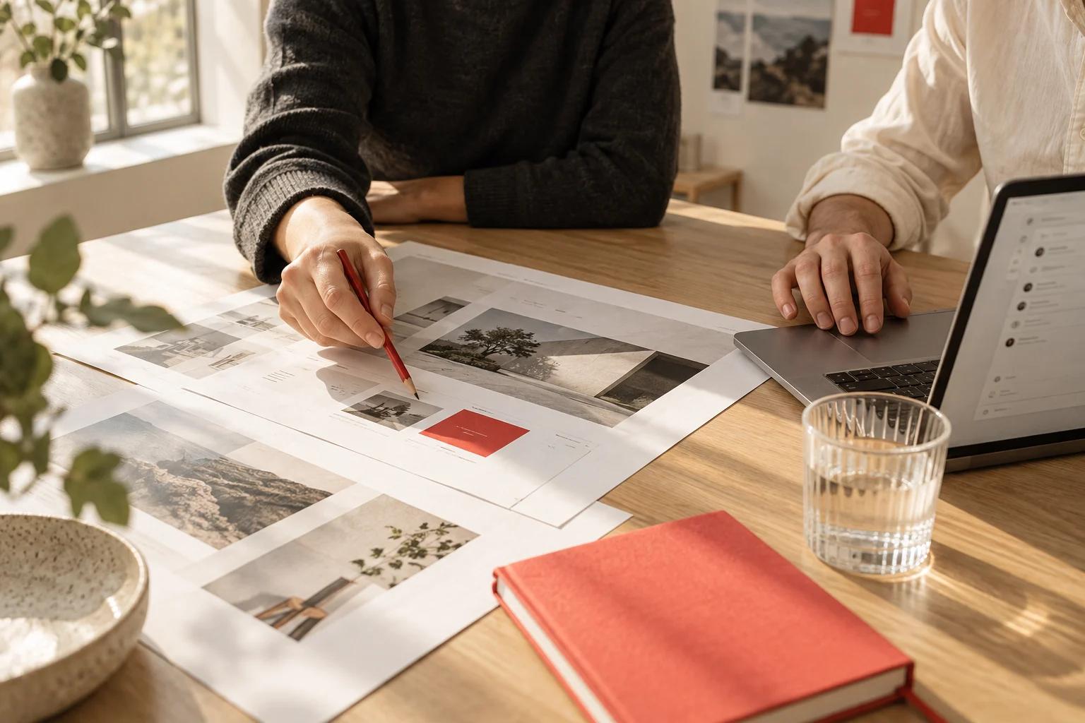 Illustration of collaborators reviewing website designs together at a studio table