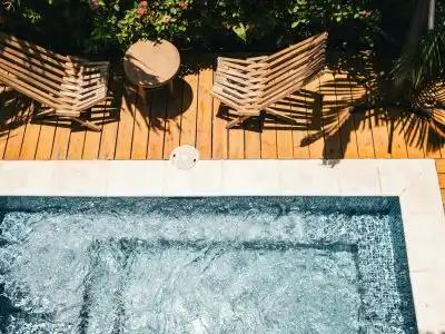 Luxury landscaped outdoor pool and deck
