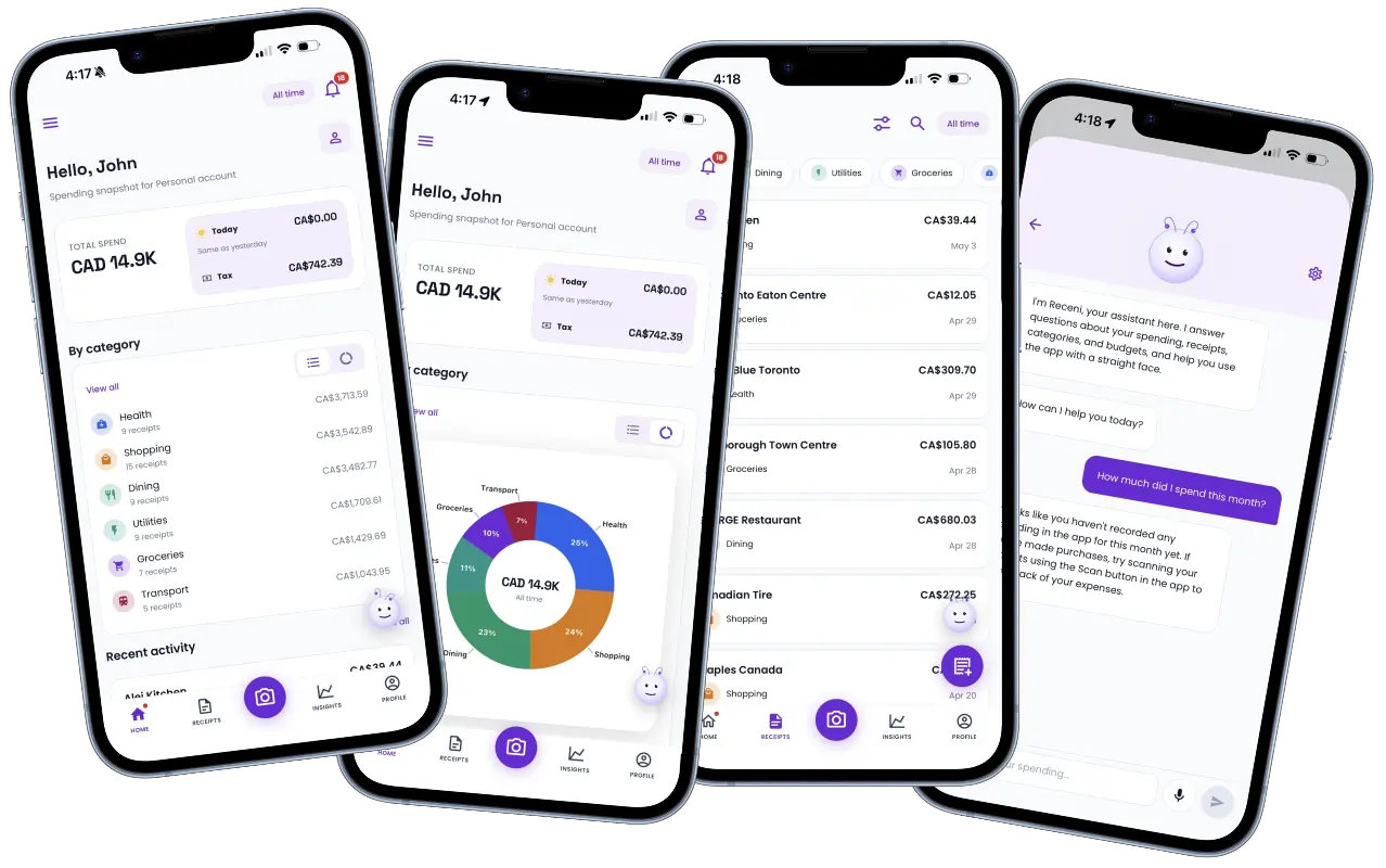 Receni smart receipt scanner and expense tracker app on multiple iPhone screens