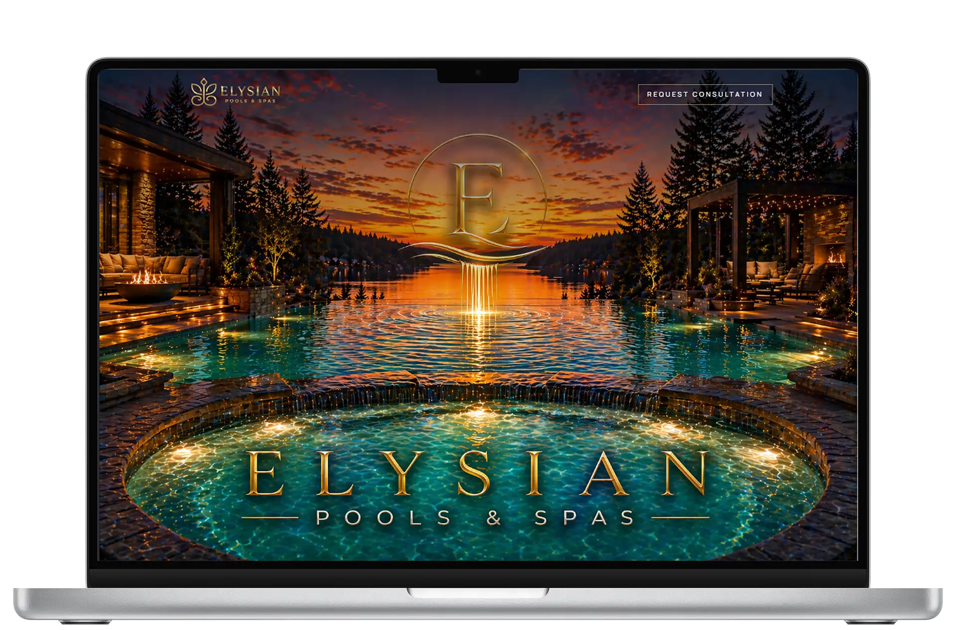 Elysian Pools and Spas luxury outdoor living website shown on a MacBook Pro mockup