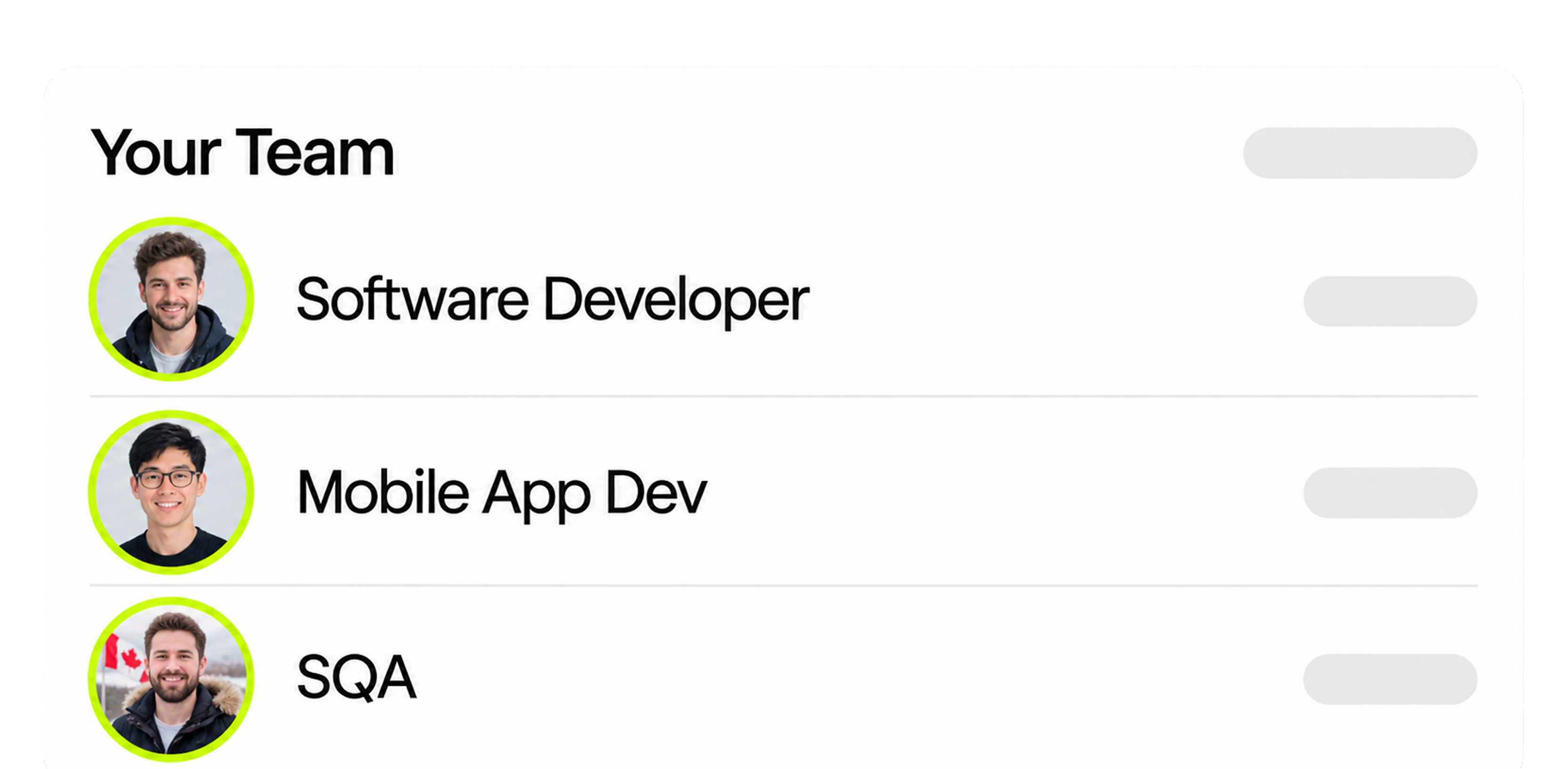 Your team overview with software developer, mobile app developer, and SQA